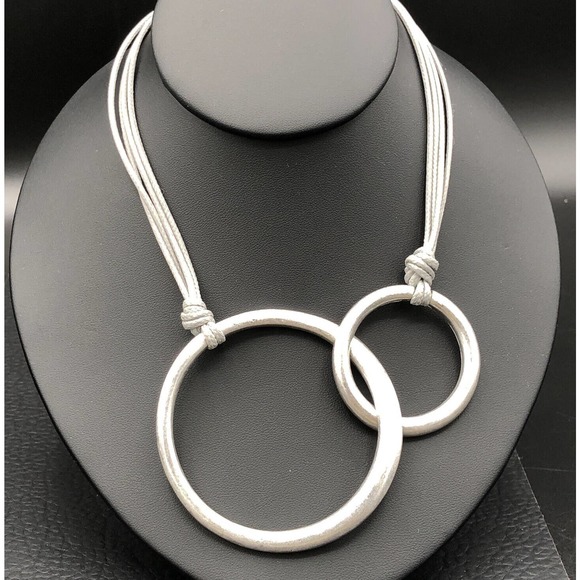 Estate Jewelry - Mod Distressed Necklace Matte Silver Tone Locking Rings Multi Strand Gray Cords